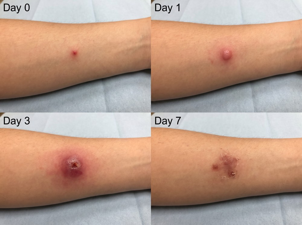 Four-panel progression photo of a stable fly bite healing from day zero through day seven, showing fading redness and swelling